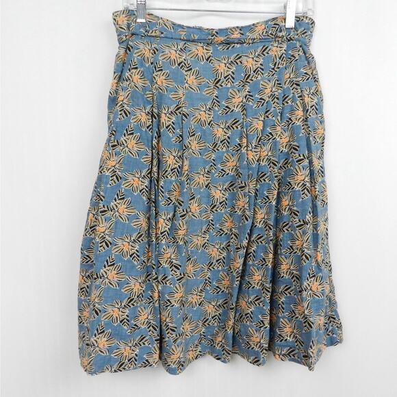 ModCloth Tropical Button Front Skirt Size 10 Blue Floral Below Knee Midi Pockets - Picture 4 of 8